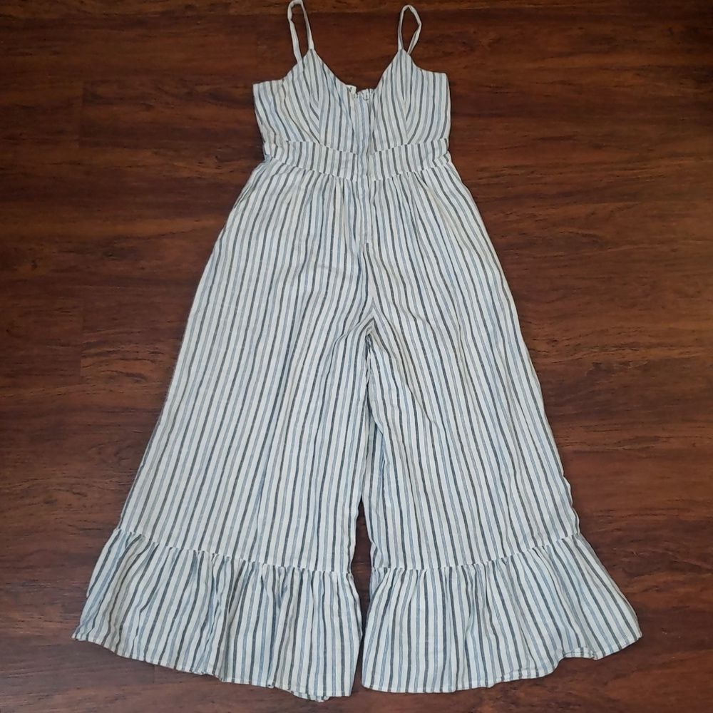 LoveShackFancy Blue Gray White Chic Feminine Striped Wide Leg Jumpsuit Size 2